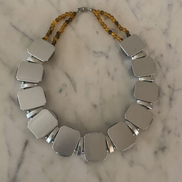 Vintage Tigers Eye Faux Necklace Chunky Statement Silver Tone Tortoise - Picture 6 of 7